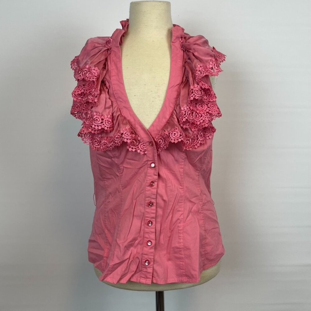 Bebe Pink Lace Halter Top Button Down Shirt ((size Large))